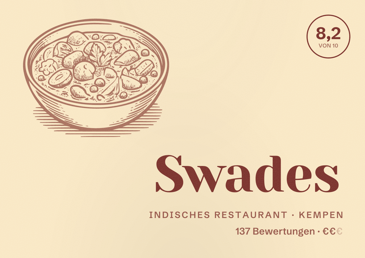 Illustriertes Poster von Swades, Indisches Restaurant in Kempen: Bewertung 8,2 von 10 aus 137 Bewertungen, Preisniveau €€
