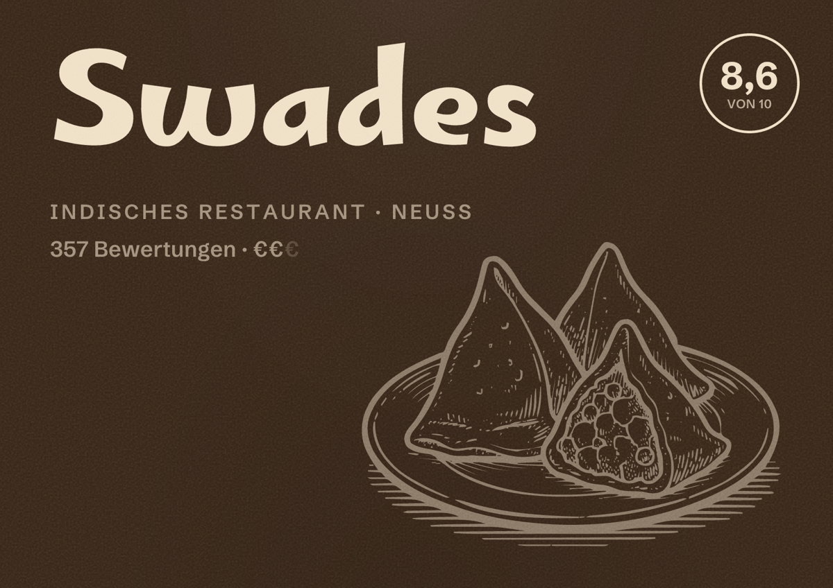 Illustriertes Poster von Swades, Indisches Restaurant in Neuss: Bewertung 8,6 von 10 aus 357 Bewertungen, Preisniveau €€