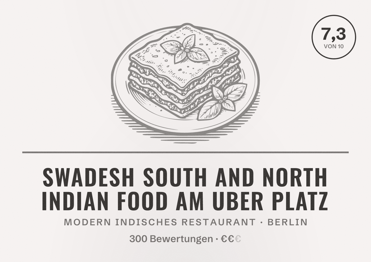 Illustriertes Poster von Swadesh South and North Indian Food am Uber Platz, Modern indisches Restaurant in Berlin: Bewertung 7,3 von 10 aus 300 Bewertungen, Preisniveau €€