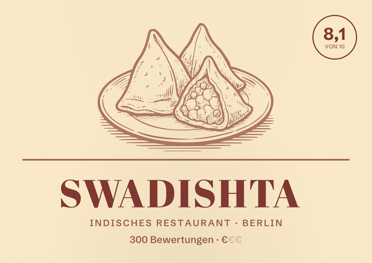 Illustriertes Poster von Swadishta, Indisches Restaurant in Berlin: Bewertung 8,1 von 10 aus 300 Bewertungen, Preisniveau €