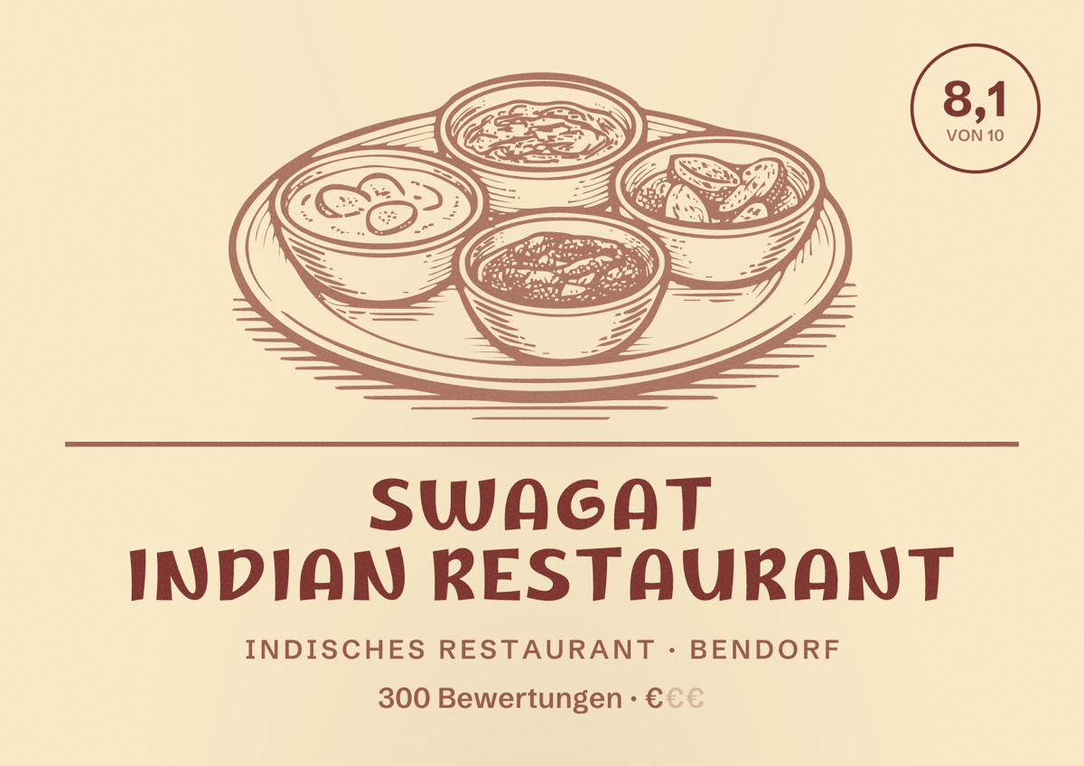Illustriertes Poster von Swagat Indian Restaurant, Indisches Restaurant in Bendorf: Bewertung 8,1 von 10 aus 300 Bewertungen, Preisniveau €