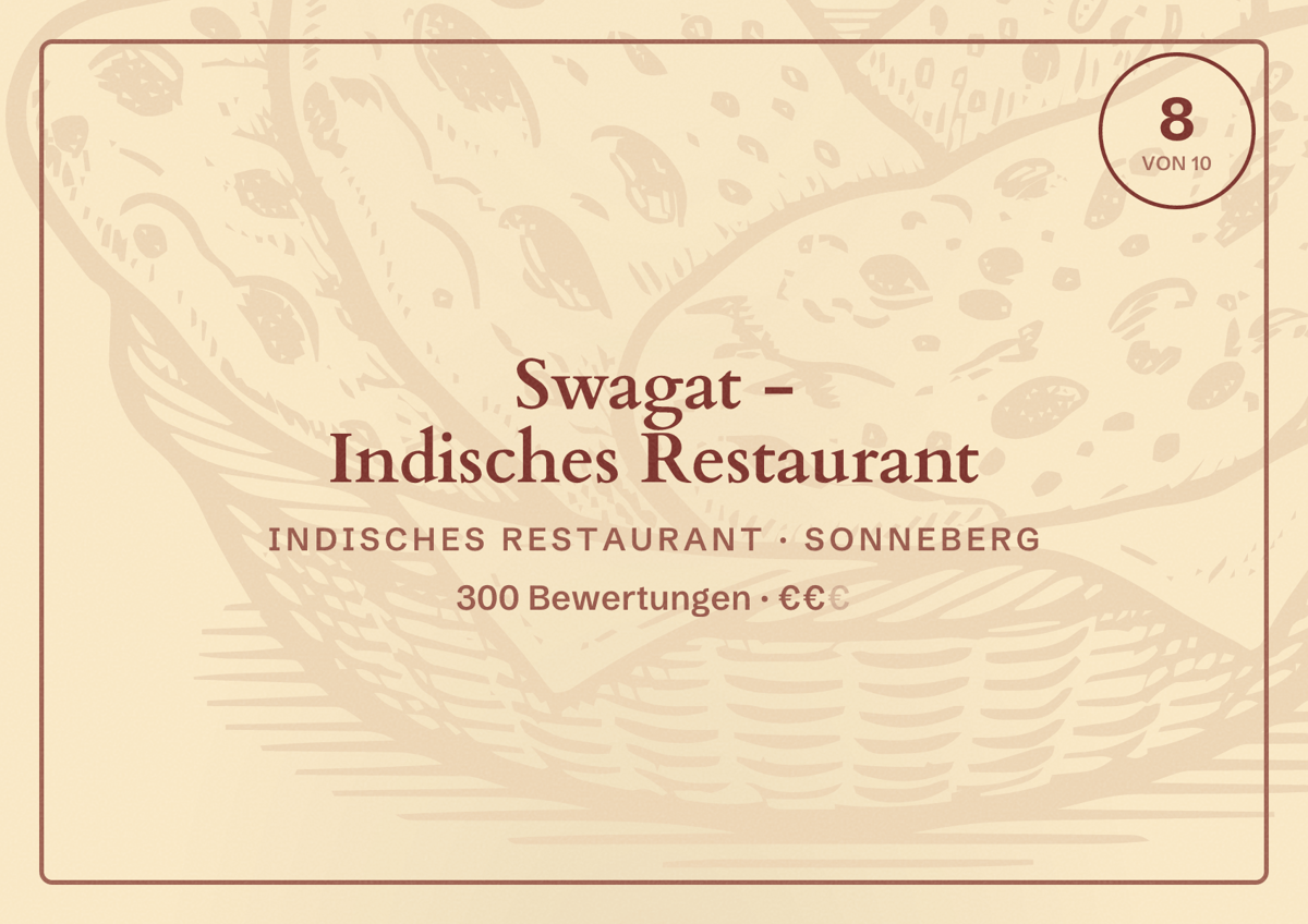 Illustriertes Poster von Swagat - Indisches Restaurant, Indisches Restaurant in Sonneberg: Bewertung 8 von 10 aus 300 Bewertungen, Preisniveau €€