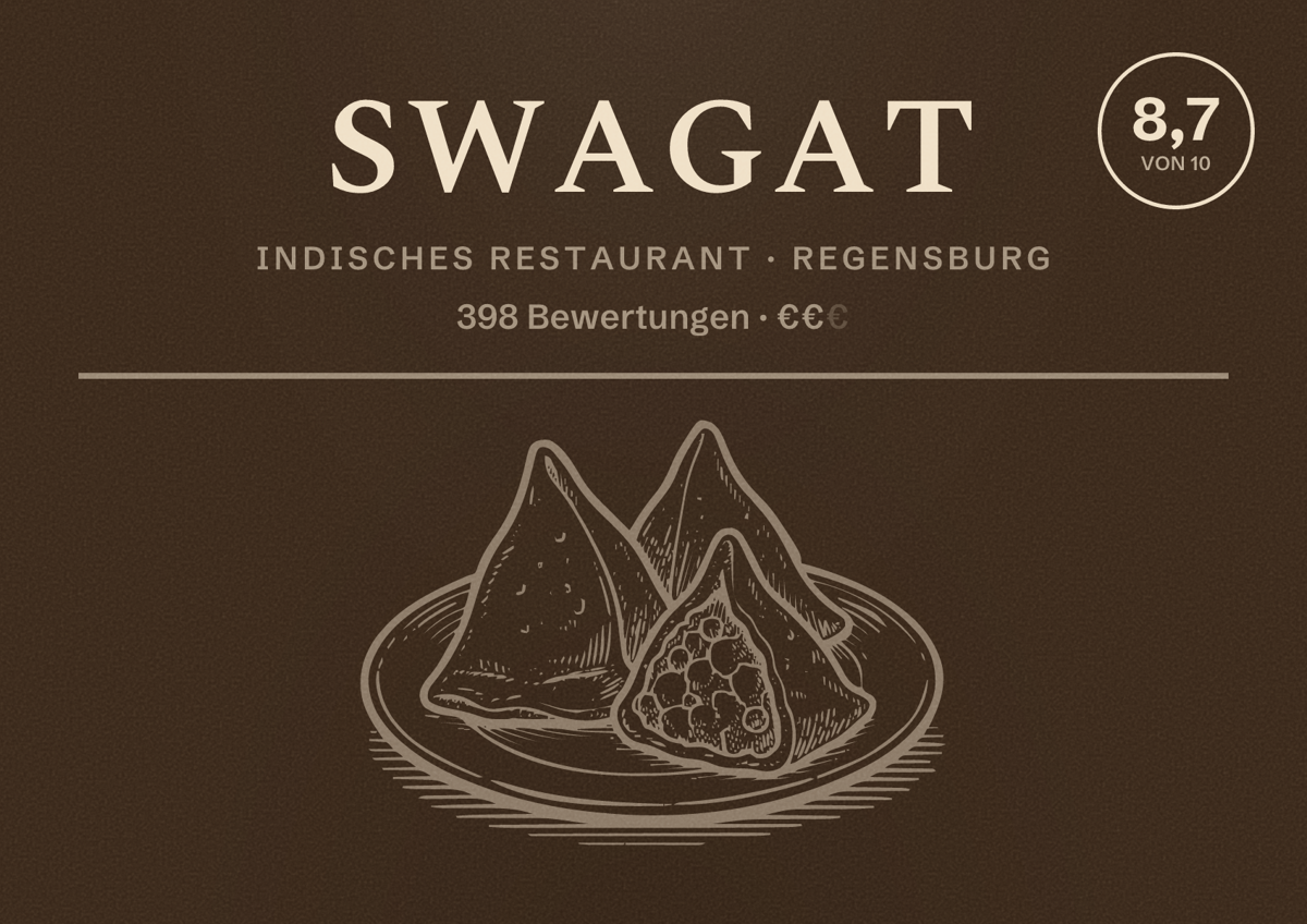 Illustriertes Poster von SWAGAT, Indisches Restaurant in Regensburg: Bewertung 8,7 von 10 aus 398 Bewertungen, Preisniveau €€