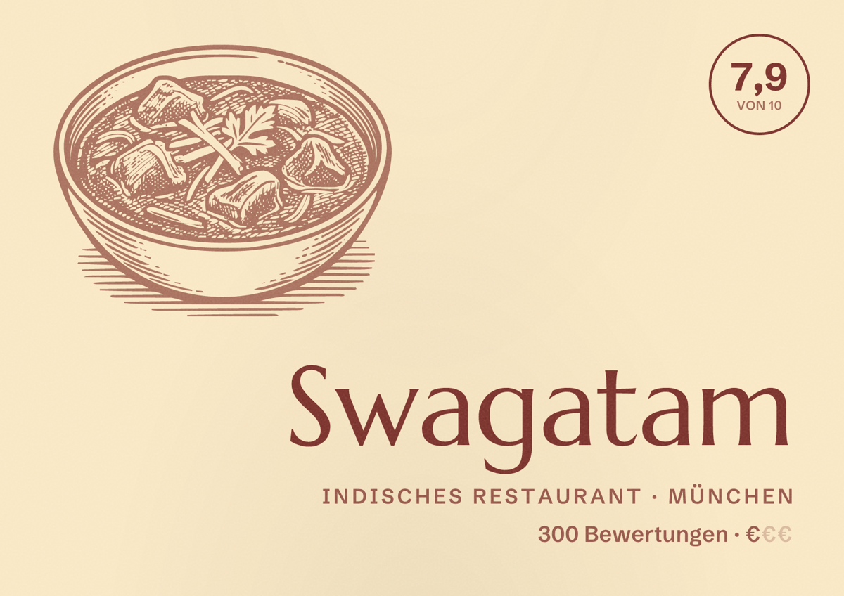 Illustriertes Poster von Swagatam, Indisches Restaurant in München: Bewertung 7,9 von 10 aus 300 Bewertungen, Preisniveau €