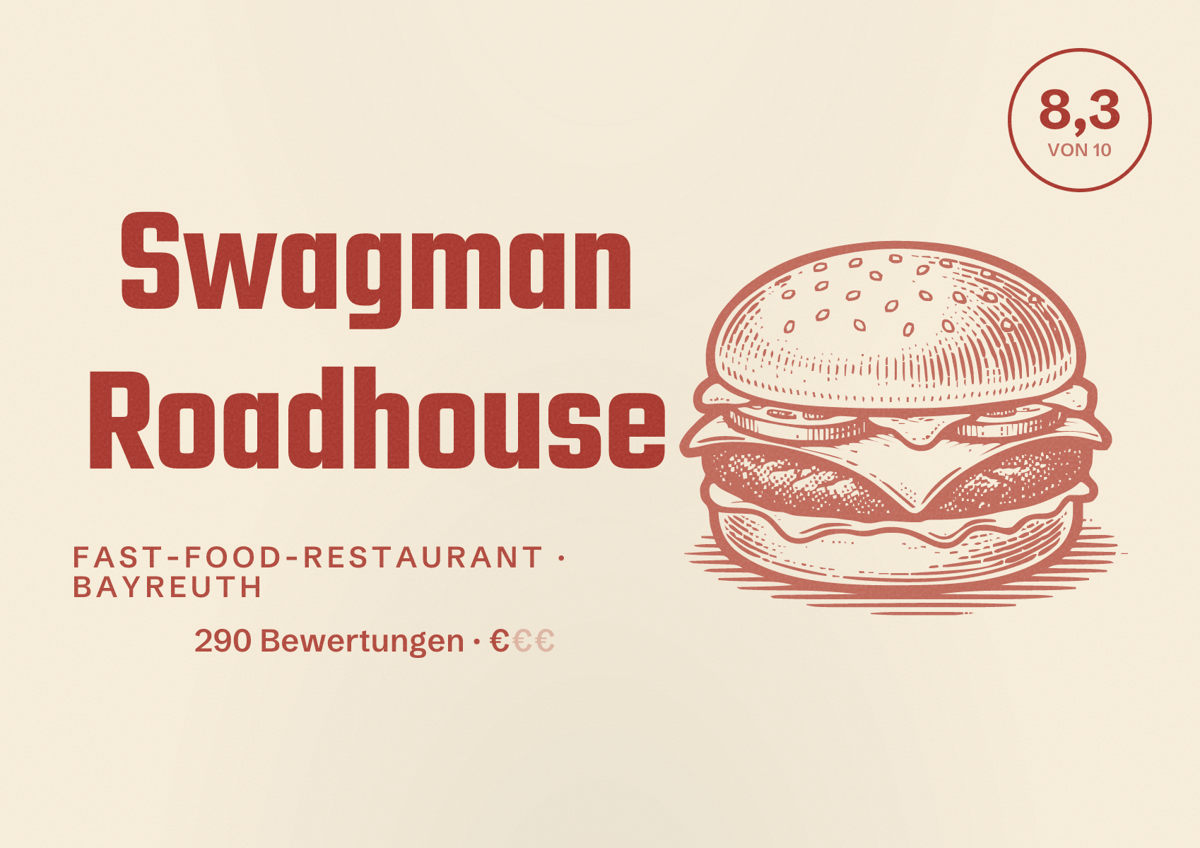 Illustriertes Poster von Swagman Roadhouse, Fast-Food-Restaurant in Bayreuth: Bewertung 8,3 von 10 aus 290 Bewertungen, Preisniveau €