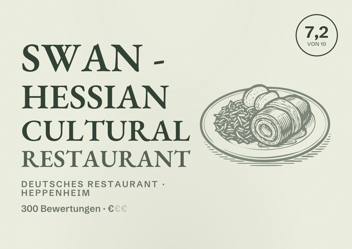 Illustriertes Poster von Swan - Hessian Cultural Restaurant, Deutsches Restaurant in Heppenheim: Bewertung 7,2 von 10 aus 300 Bewertungen, Preisniveau €