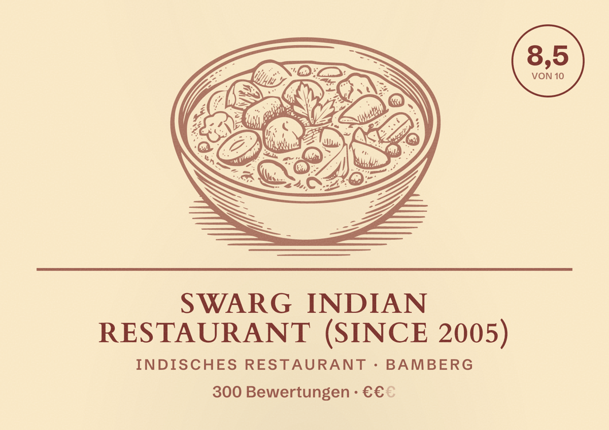 Illustriertes Poster von Swarg Indian Restaurant (Since 2005), Indisches Restaurant in Bamberg: Bewertung 8,5 von 10 aus 300 Bewertungen, Preisniveau €€
