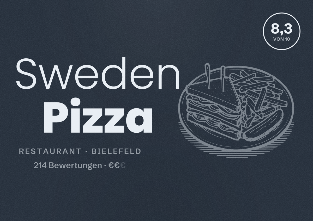Illustriertes Poster von Sweden Pizza, Restaurant in Bielefeld: Bewertung 8,3 von 10 aus 214 Bewertungen, Preisniveau €€