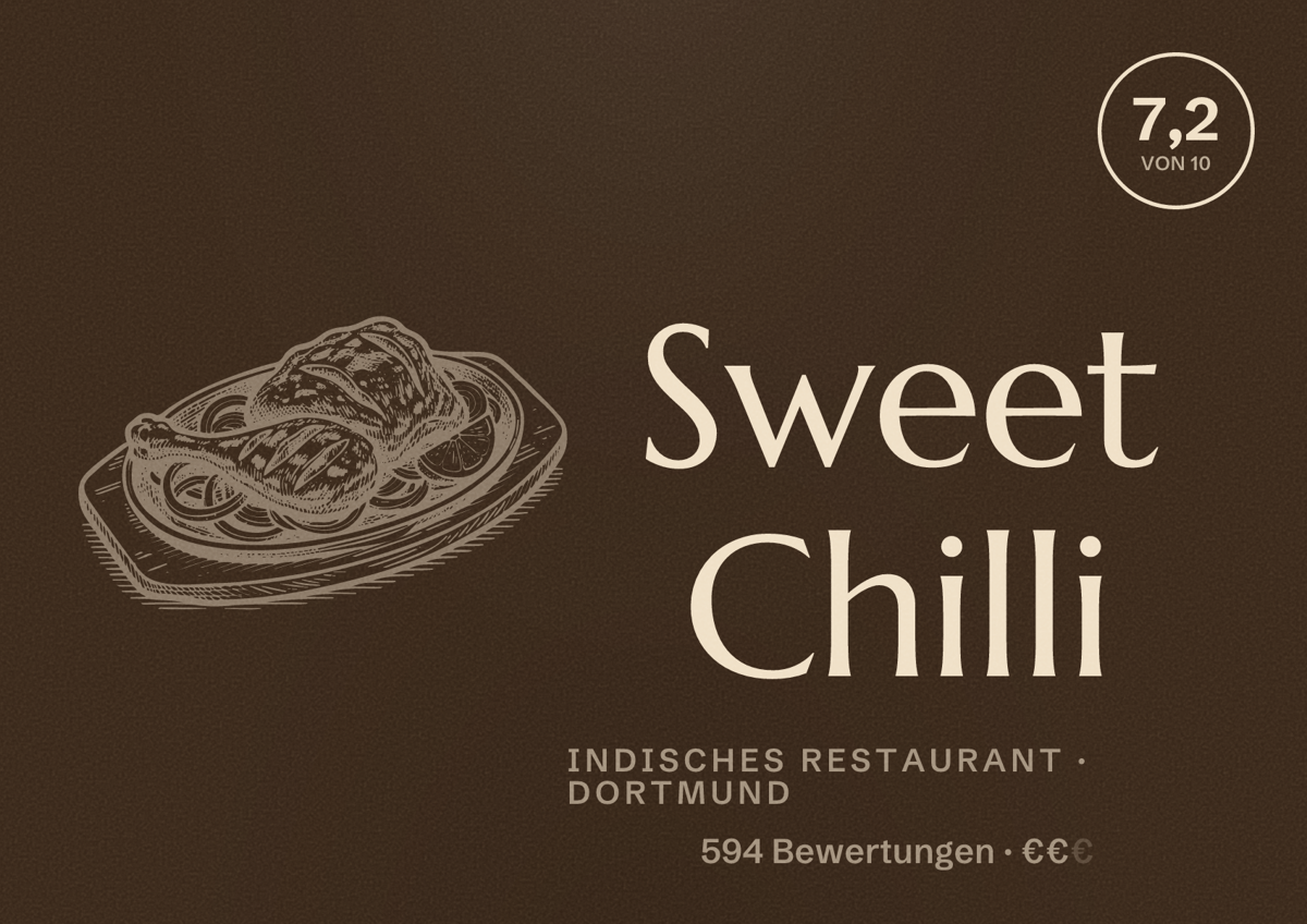 Illustriertes Poster von Sweet Chilli, Indisches Restaurant in Dortmund: Bewertung 7,2 von 10 aus 594 Bewertungen, Preisniveau €€