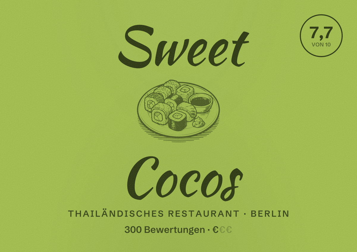 Illustriertes Poster von Sweet Cocos, Thailändisches Restaurant in Berlin: Bewertung 7,7 von 10 aus 300 Bewertungen, Preisniveau €