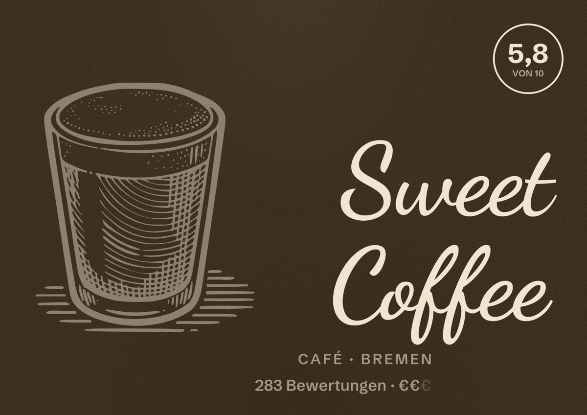 Illustriertes Poster von Sweet Coffee, Café in Bremen: Bewertung 5,8 von 10 aus 283 Bewertungen, Preisniveau €€