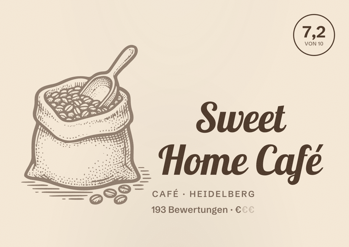 Illustriertes Poster von Sweet Home Café, Café in Heidelberg: Bewertung 7,2 von 10 aus 193 Bewertungen, Preisniveau €
