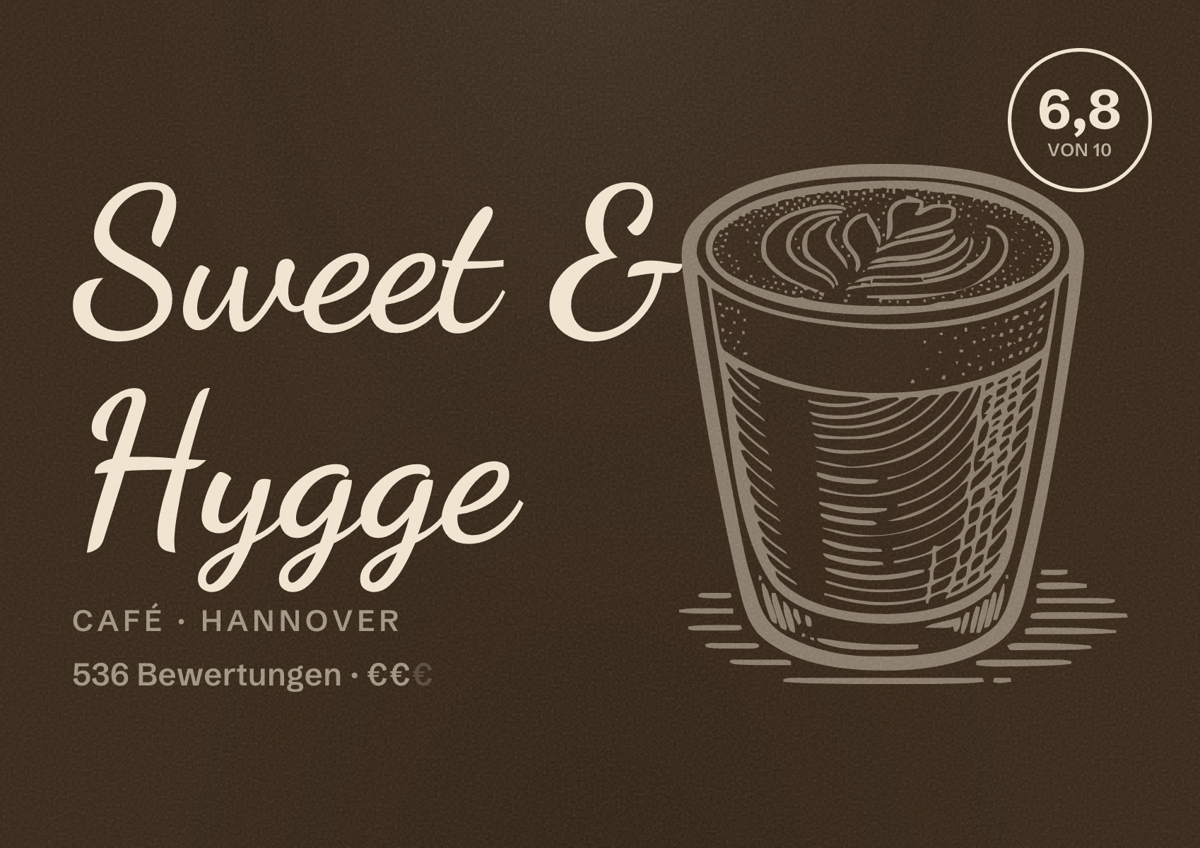 Illustriertes Poster von Sweet & Hygge, Café in Hannover: Bewertung 6,8 von 10 aus 536 Bewertungen, Preisniveau €€