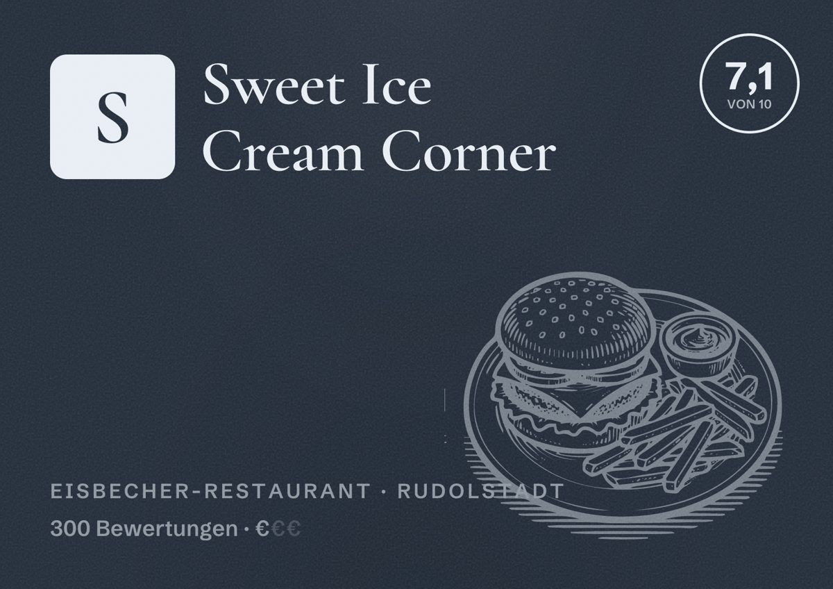 Illustriertes Poster von Sweet Ice Cream Corner, Eisbecher-Restaurant in Rudolstadt: Bewertung 7,1 von 10 aus 300 Bewertungen, Preisniveau €