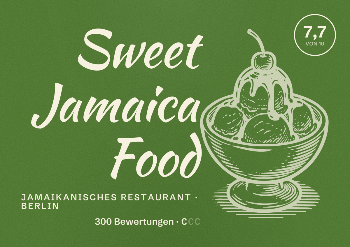 Illustriertes Poster von Sweet Jamaica Food, Jamaikanisches Restaurant in Berlin: Bewertung 7,7 von 10 aus 300 Bewertungen, Preisniveau €