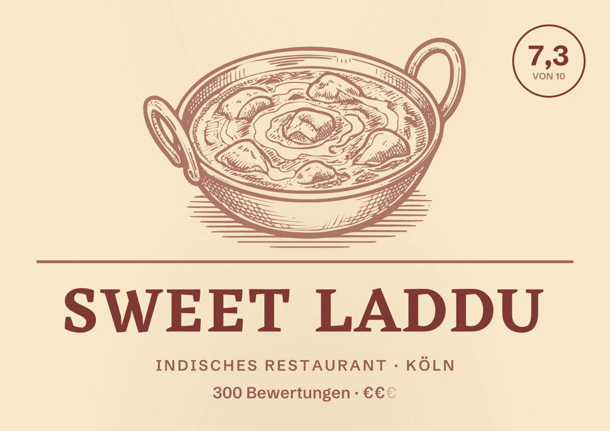 Illustriertes Poster von Sweet Laddu, Indisches Restaurant in Köln: Bewertung 7,3 von 10 aus 300 Bewertungen, Preisniveau €€