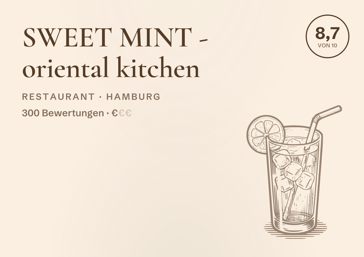 Illustriertes Poster von SWEET MINT - oriental kitchen, Restaurant in Hamburg: Bewertung 8,7 von 10 aus 300 Bewertungen, Preisniveau €