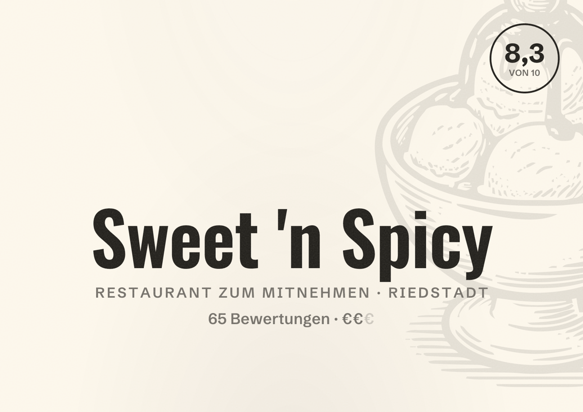 Illustriertes Poster von Sweet 'n Spicy, Restaurant zum Mitnehmen in Riedstadt: Bewertung 8,3 von 10 aus 65 Bewertungen, Preisniveau €€