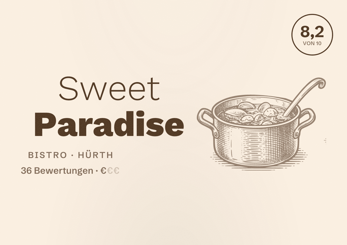 Illustriertes Poster von Sweet Paradise, Bistro in Hürth: Bewertung 8,2 von 10 aus 36 Bewertungen, Preisniveau €