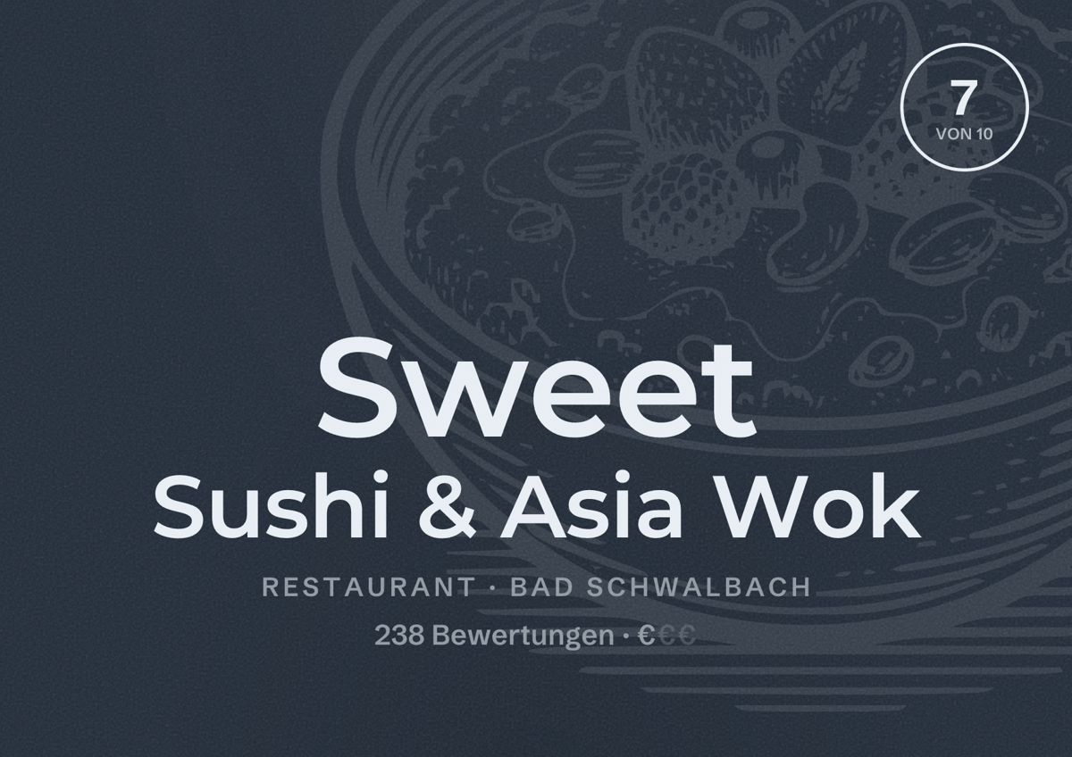 Illustriertes Poster von Sweet Sushi & Asia Wok, Restaurant in Bad Schwalbach: Bewertung 7 von 10 aus 238 Bewertungen, Preisniveau €