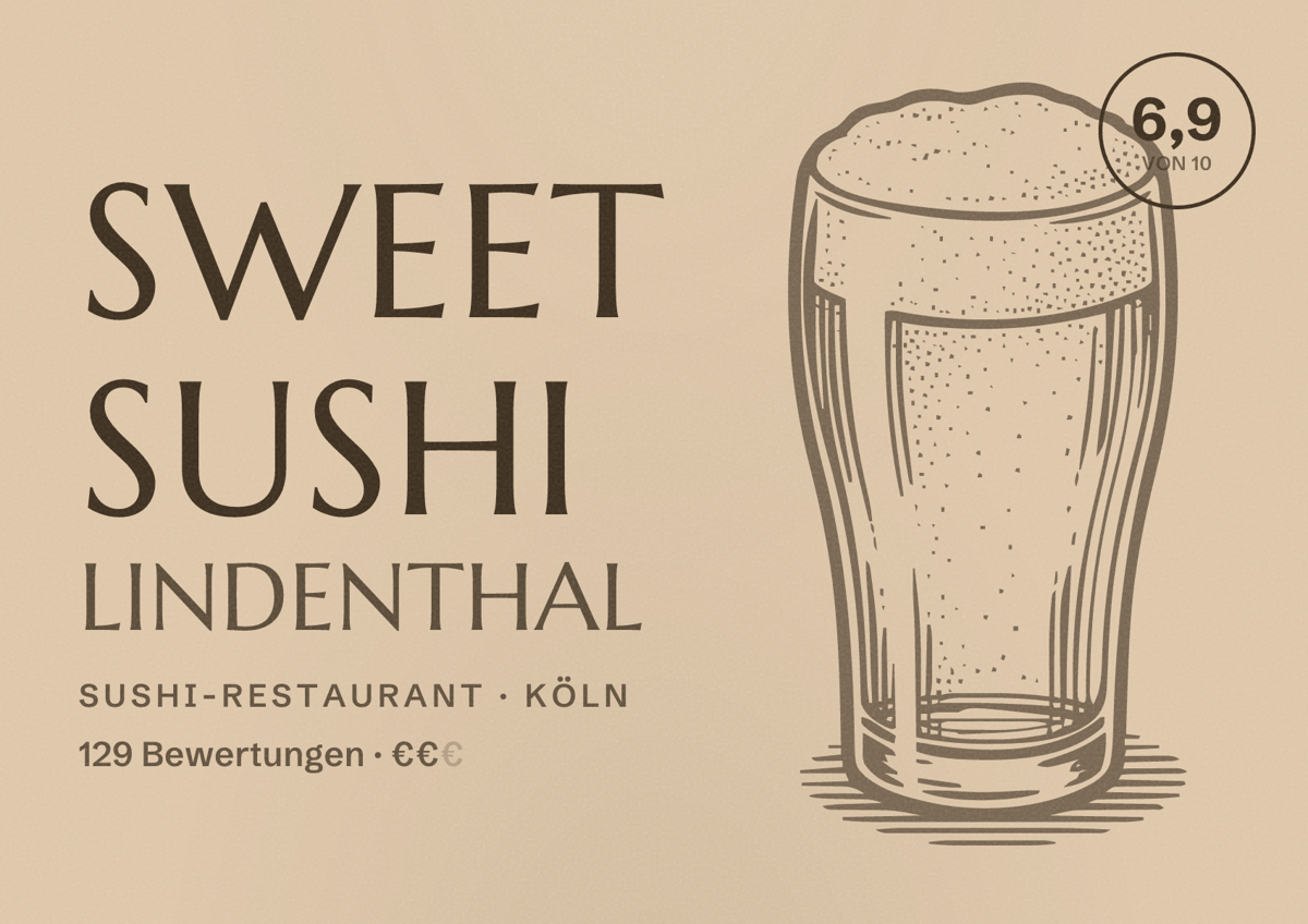 Illustriertes Poster von Sweet Sushi Lindenthal, Sushi-Restaurant in Köln: Bewertung 6,9 von 10 aus 129 Bewertungen, Preisniveau €€