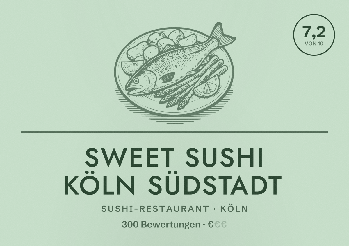 Illustriertes Poster von Sweet Sushi Köln Südstadt, Sushi-Restaurant in Köln: Bewertung 7,2 von 10 aus 300 Bewertungen, Preisniveau €
