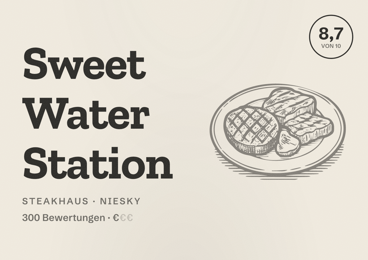 Illustriertes Poster von Sweet Water Station, Steakhaus in Niesky: Bewertung 8,7 von 10 aus 300 Bewertungen, Preisniveau €