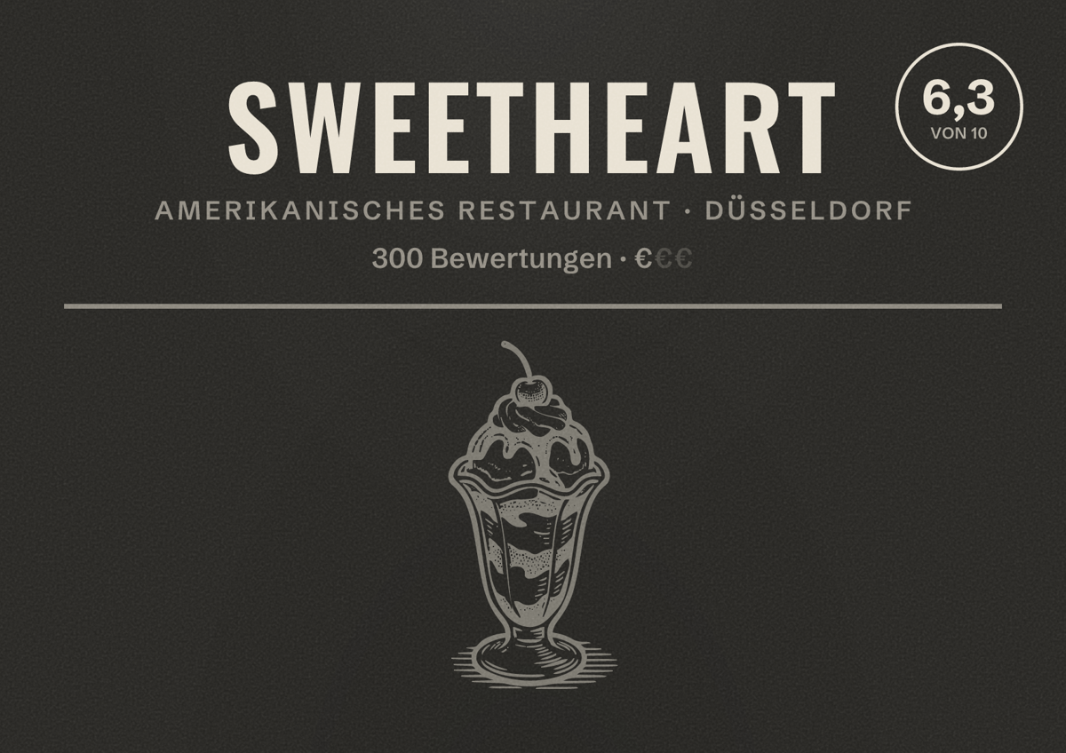 Illustriertes Poster von Sweetheart, Amerikanisches Restaurant in Düsseldorf: Bewertung 6,3 von 10 aus 300 Bewertungen, Preisniveau €