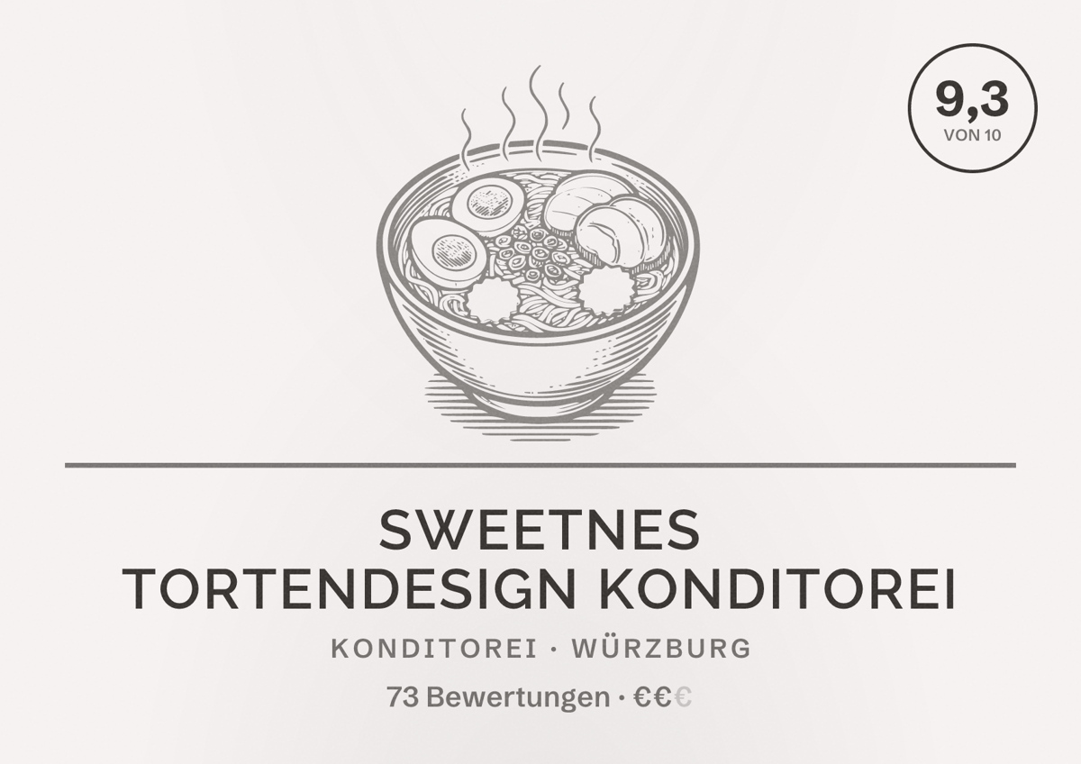 Illustriertes Poster von SweetNes Tortendesign Konditorei, Konditorei in Würzburg: Bewertung 9,3 von 10 aus 73 Bewertungen, Preisniveau €€