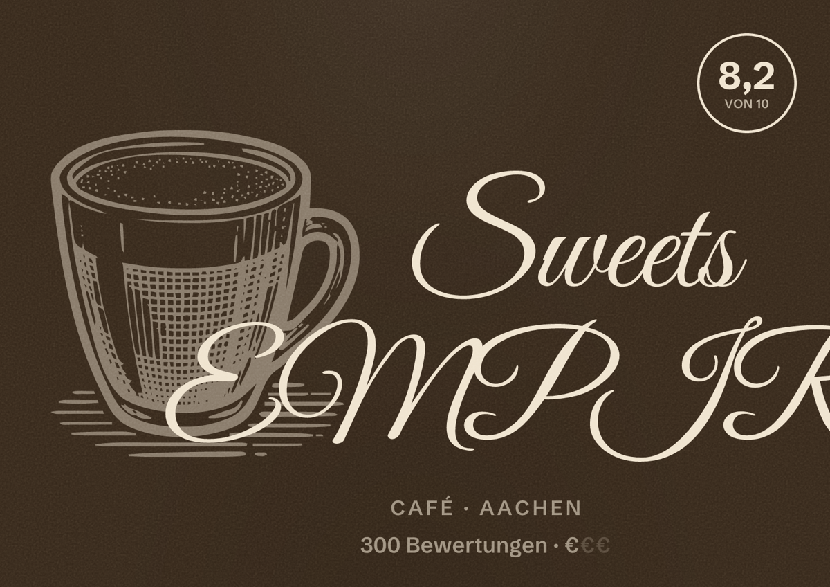 Illustriertes Poster von Sweets EMPIRE, Café in Aachen: Bewertung 8,2 von 10 aus 300 Bewertungen, Preisniveau €