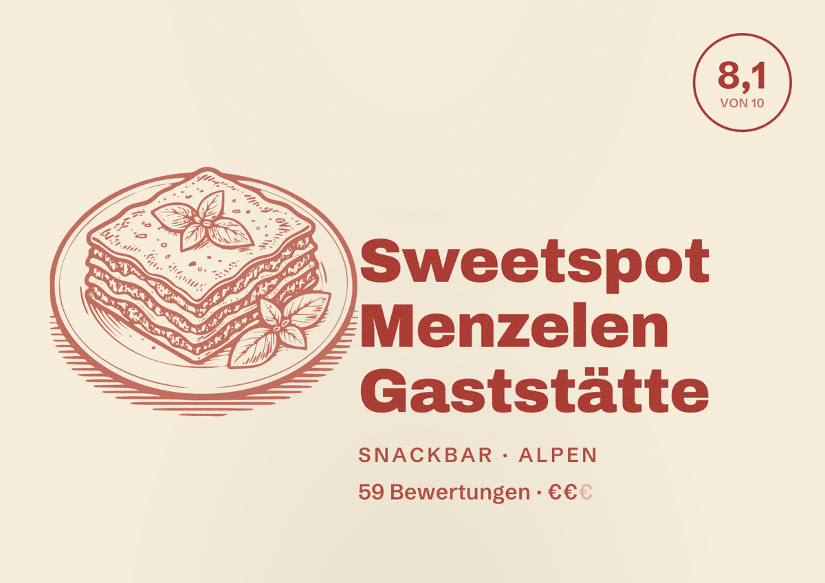 Illustriertes Poster von Sweetspot Menzelen Gaststätte, Snackbar in Alpen: Bewertung 8,1 von 10 aus 59 Bewertungen, Preisniveau €€