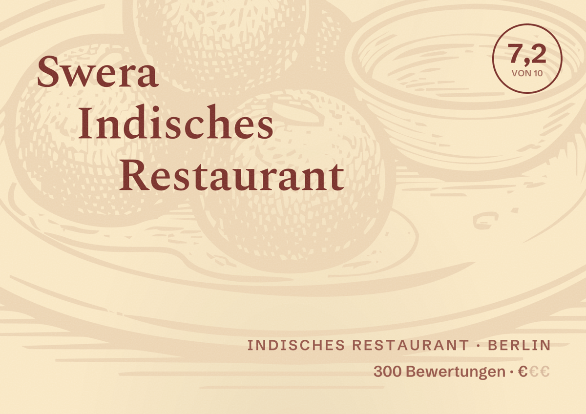 Illustriertes Poster von Swera Indisches Restaurant, Indisches Restaurant in Berlin: Bewertung 7,2 von 10 aus 300 Bewertungen, Preisniveau €