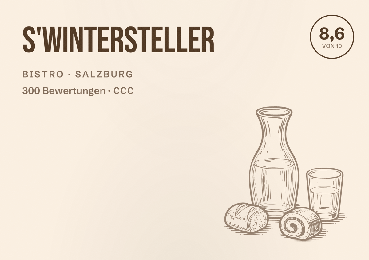 Illustriertes Poster von s'WINTERSTELLER, Bistro in Salzburg: Bewertung 8,6 von 10 aus 300 Bewertungen, Preisniveau €€€