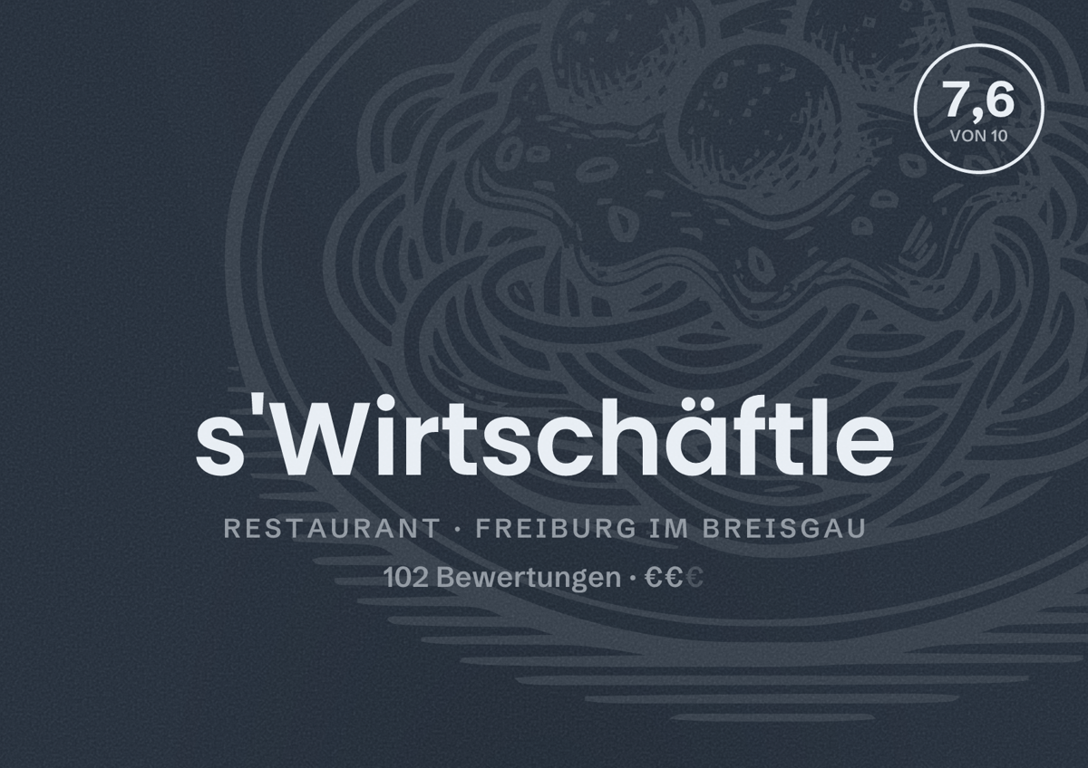 Illustriertes Poster von s'Wirtschäftle, Restaurant in Freiburg im Breisgau: Bewertung 7,6 von 10 aus 102 Bewertungen, Preisniveau €€