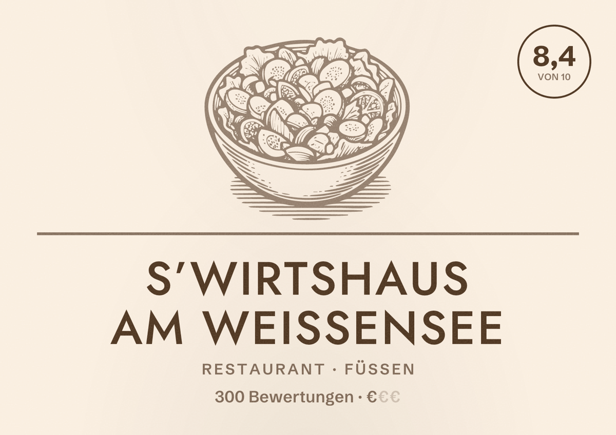 Illustriertes Poster von s’Wirtshaus am Weißensee, Restaurant in Füssen: Bewertung 8,4 von 10 aus 300 Bewertungen, Preisniveau €