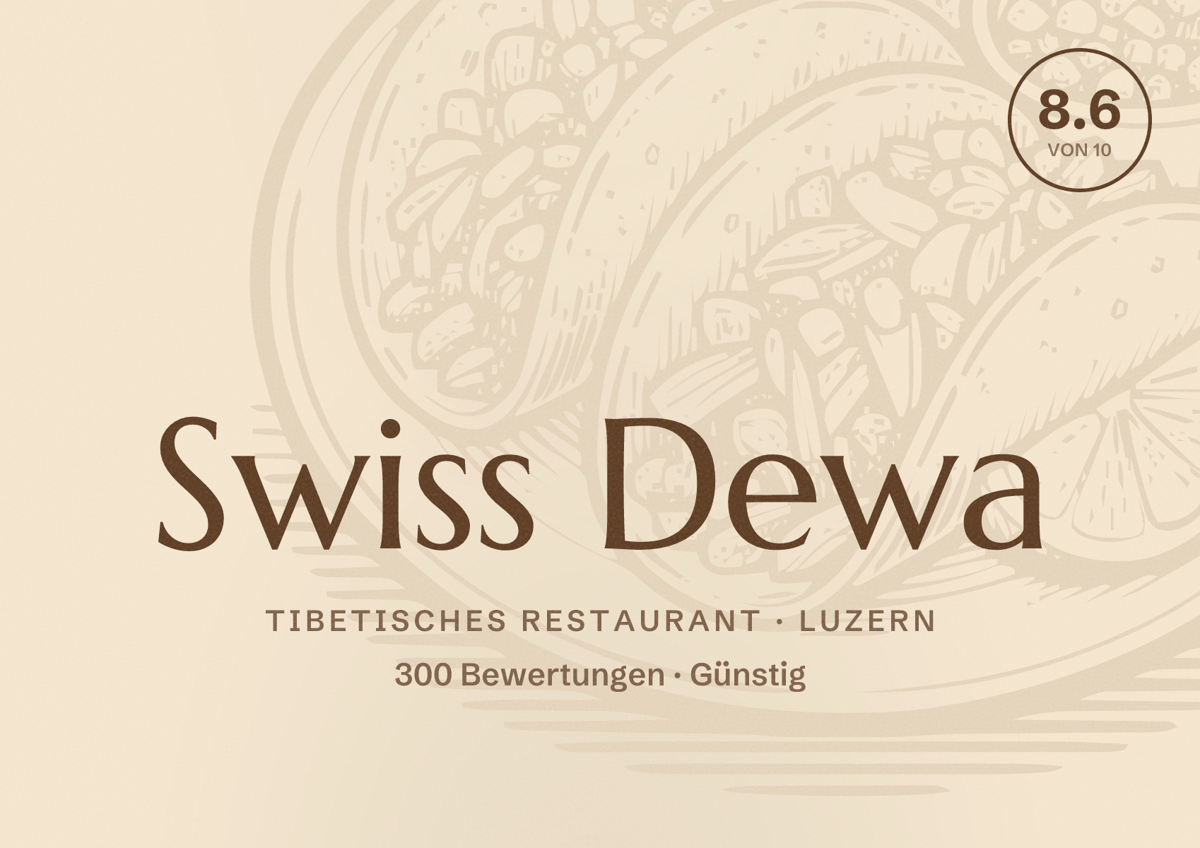 Illustriertes Poster von Swiss Dewa, Tibetisches Restaurant in Luzern: Bewertung 8.6 von 10 aus 300 Bewertungen, Preisniveau Günstig