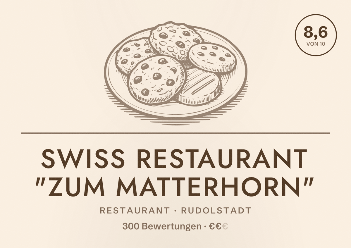 Illustriertes Poster von Swiss Restaurant "Zum Matterhorn", Restaurant in Rudolstadt: Bewertung 8,6 von 10 aus 300 Bewertungen, Preisniveau €€