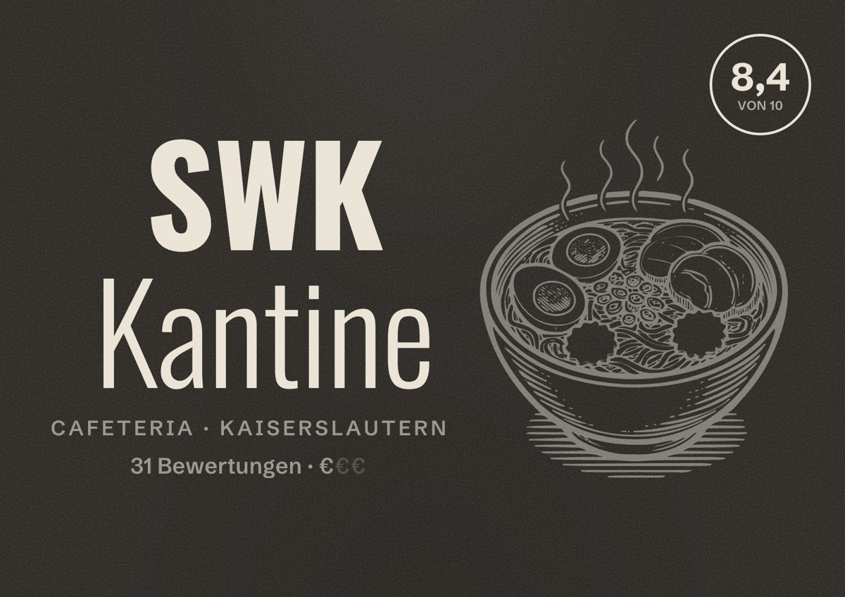 Illustriertes Poster von SWK Kantine, Cafeteria in Kaiserslautern: Bewertung 8,4 von 10 aus 31 Bewertungen, Preisniveau €