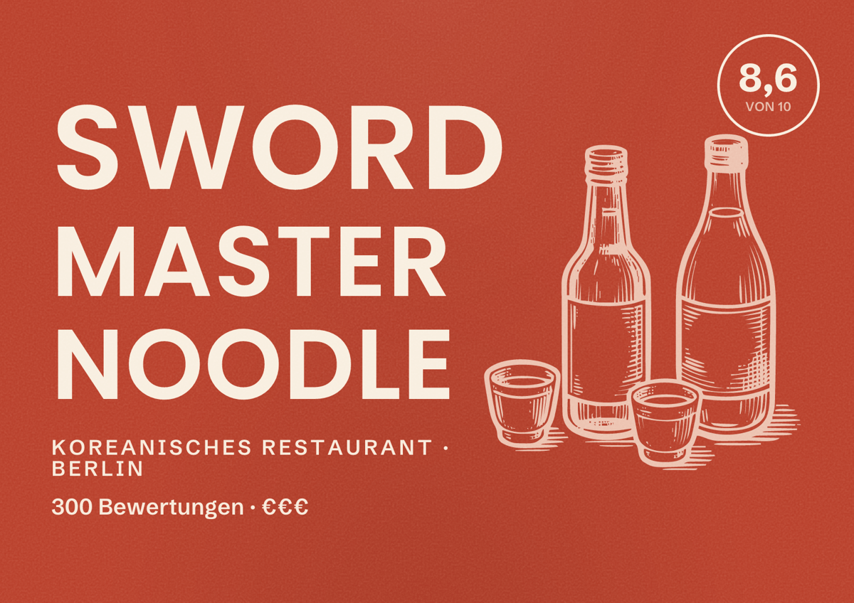 Illustriertes Poster von SWORD MASTER NOODLE, Koreanisches Restaurant in Berlin: Bewertung 8,6 von 10 aus 300 Bewertungen, Preisniveau €€€