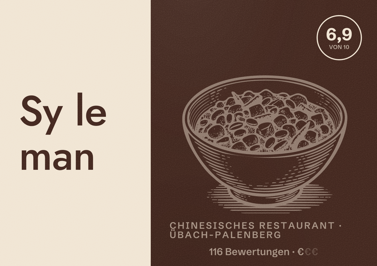 Illustriertes Poster von Sy le man, Chinesisches Restaurant in Übach-Palenberg: Bewertung 6,9 von 10 aus 116 Bewertungen, Preisniveau €