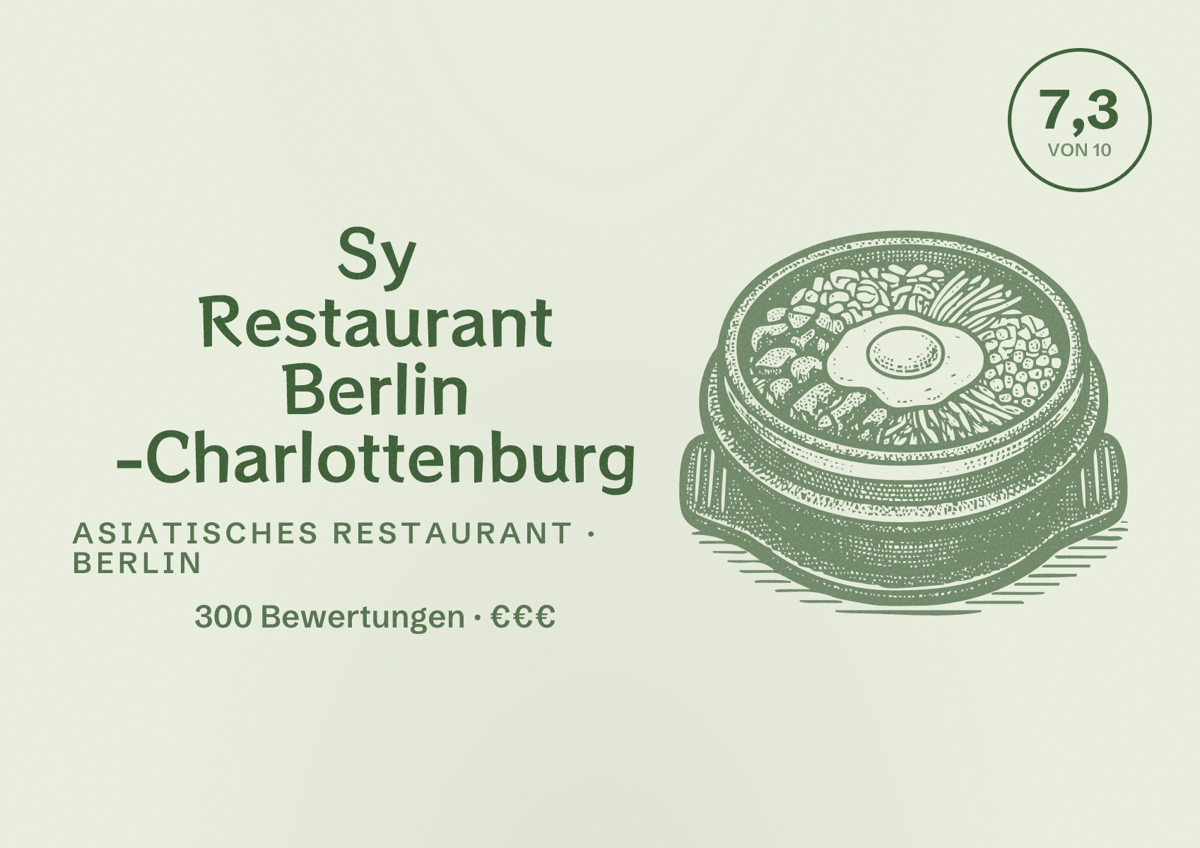 Illustriertes Poster von Sy Restaurant Berlin -Charlottenburg, Asiatisches Restaurant in Berlin: Bewertung 7,3 von 10 aus 300 Bewertungen, Preisniveau €€€