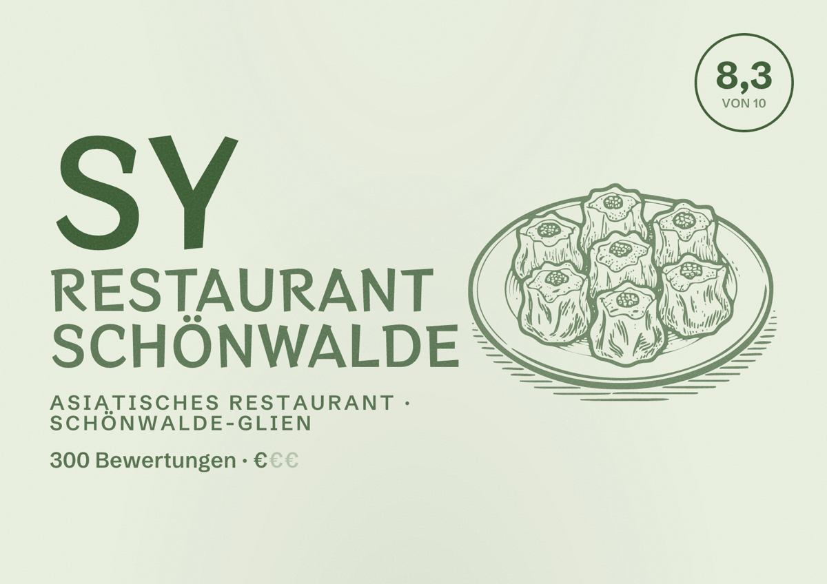 Illustriertes Poster von Sy Restaurant Schönwalde, Asiatisches Restaurant in Schönwalde-Glien: Bewertung 8,3 von 10 aus 300 Bewertungen, Preisniveau €