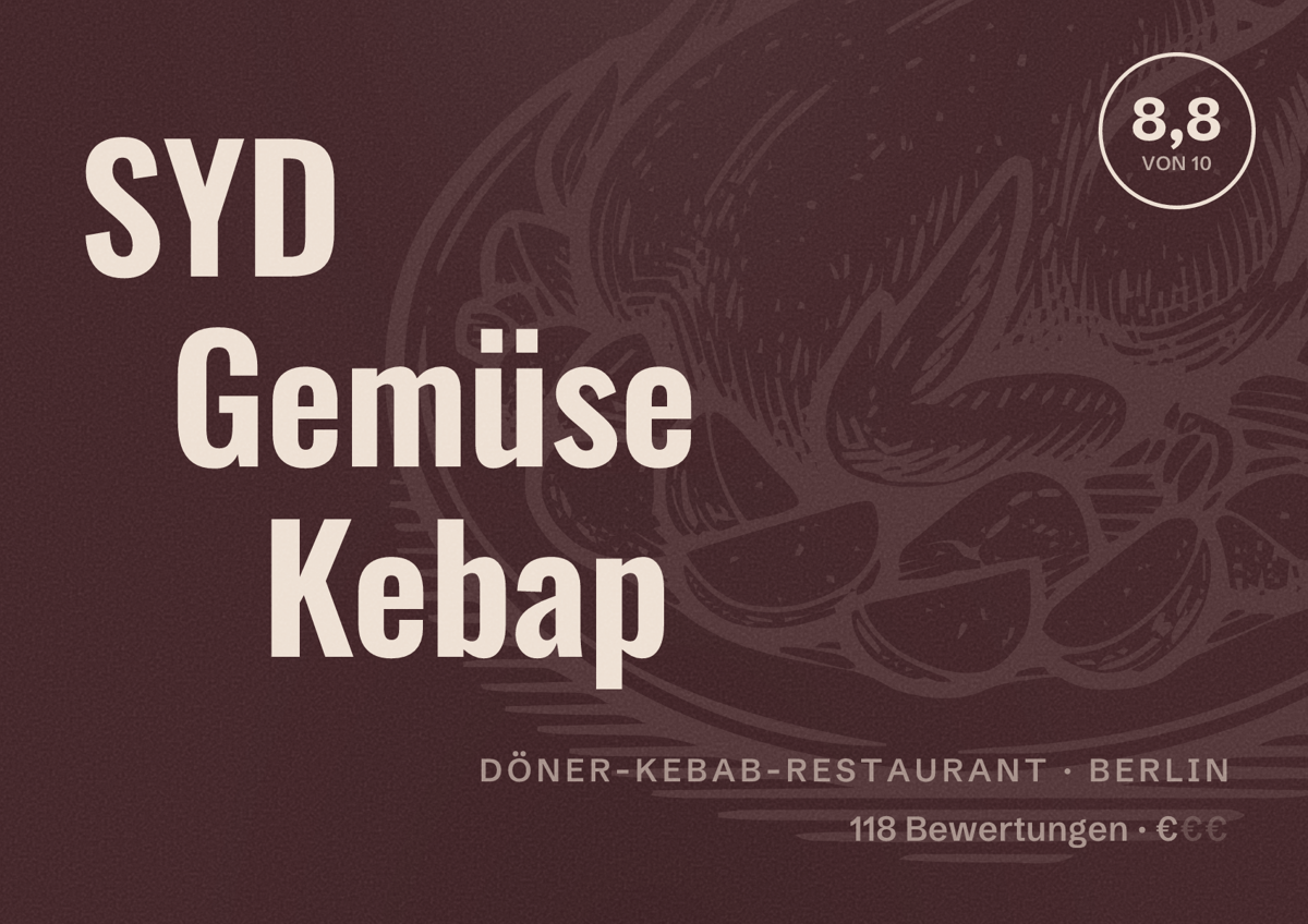 Illustriertes Poster von SYD Gemüse Kebap, Döner-Kebab-Restaurant in Berlin: Bewertung 8,8 von 10 aus 118 Bewertungen, Preisniveau €