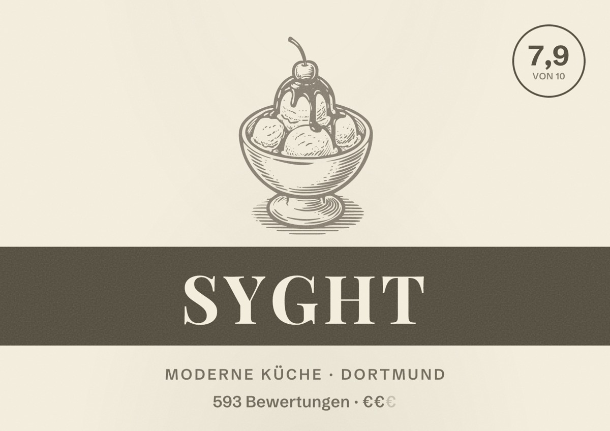 Illustriertes Poster von SYGHT, Moderne Küche in Dortmund: Bewertung 7,9 von 10 aus 593 Bewertungen, Preisniveau €€