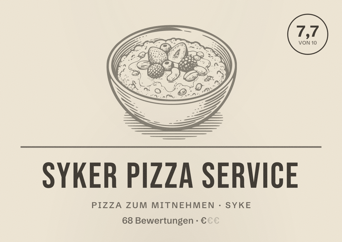 Illustriertes Poster von Syker Pizza Service, Pizza zum Mitnehmen in Syke: Bewertung 7,7 von 10 aus 68 Bewertungen, Preisniveau €