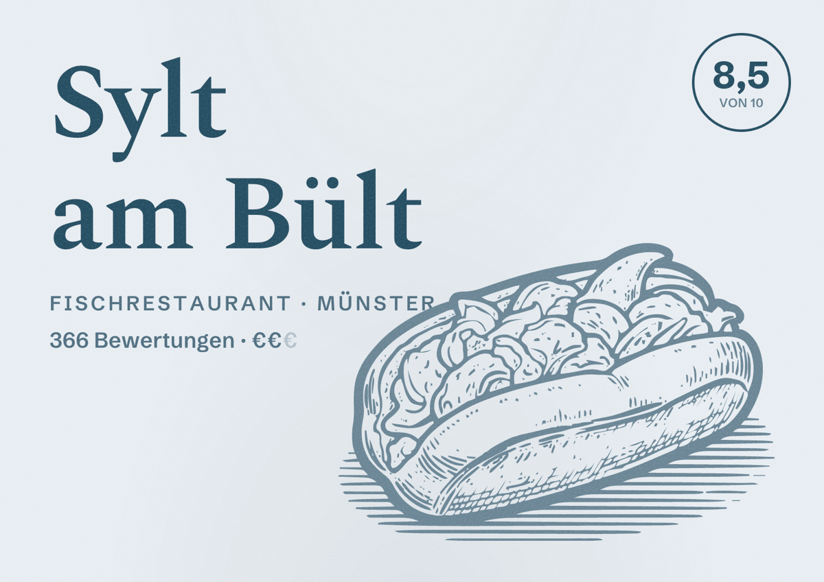 Illustriertes Poster von Sylt am Bült, Fischrestaurant in Münster: Bewertung 8,5 von 10 aus 366 Bewertungen, Preisniveau €€