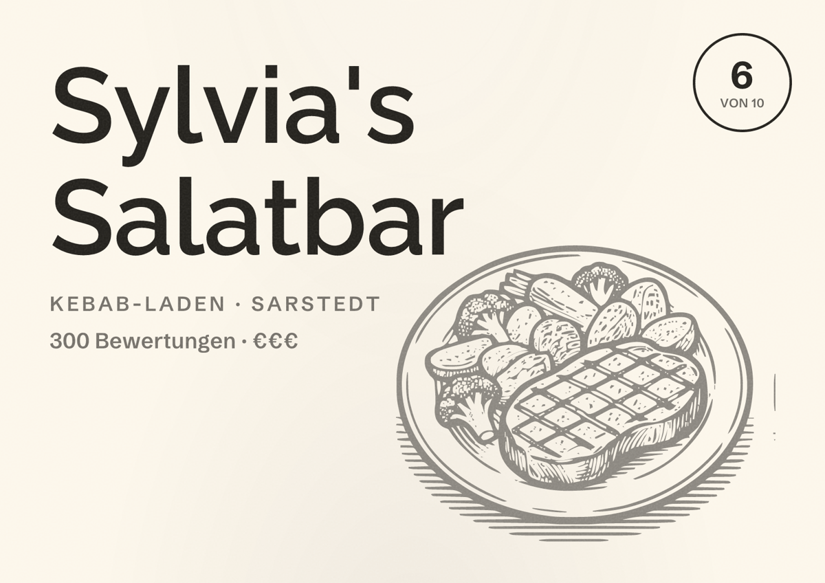 Illustriertes Poster von Sylvia's Salatbar, Kebab-Laden in Sarstedt: Bewertung 6 von 10 aus 300 Bewertungen, Preisniveau €€€