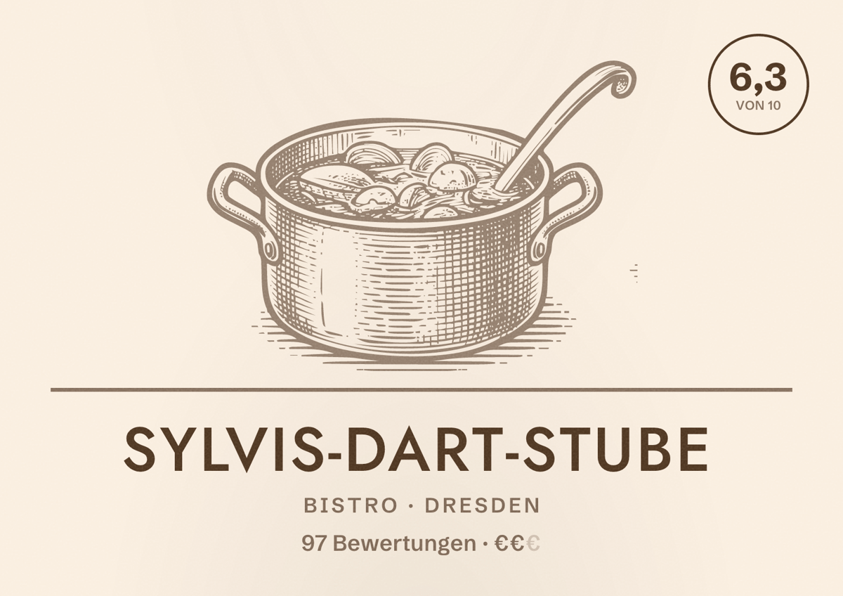 Illustriertes Poster von Sylvis-Dart-Stube, Bistro in Dresden: Bewertung 6,3 von 10 aus 97 Bewertungen, Preisniveau €€