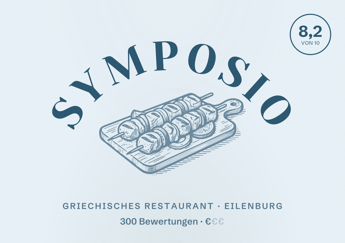 Illustriertes Poster von Symposio, Griechisches Restaurant in Eilenburg: Bewertung 8,2 von 10 aus 300 Bewertungen, Preisniveau €