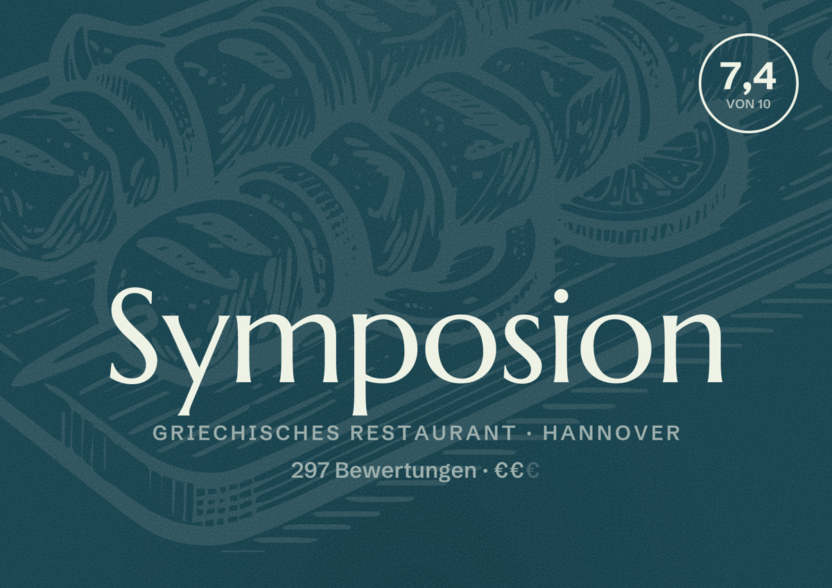 Illustriertes Poster von Symposion, Griechisches Restaurant in Hannover: Bewertung 7,4 von 10 aus 297 Bewertungen, Preisniveau €€